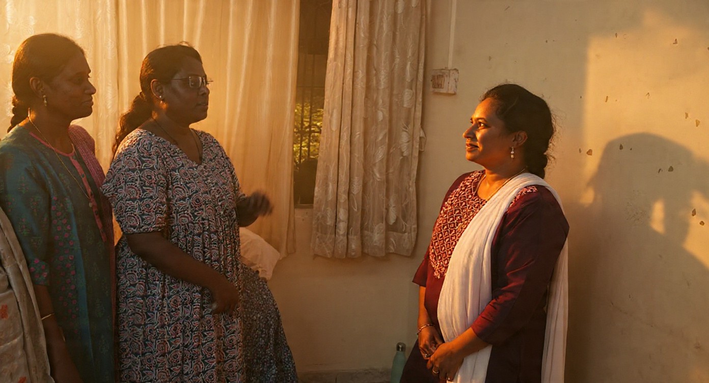 Women of the Satva Saheli circle talking together at home in the evening light