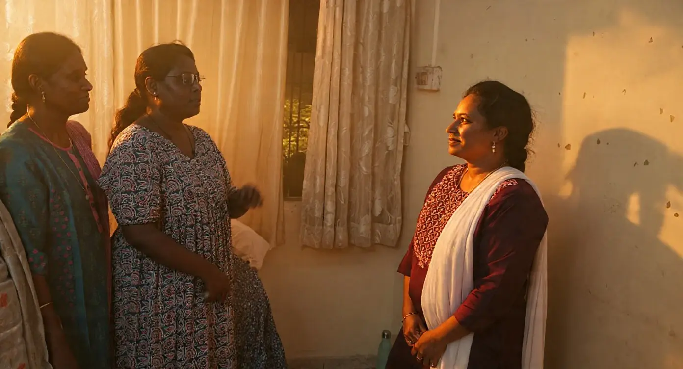 Women of the Satva Saheli circle talking together at home in the evening light