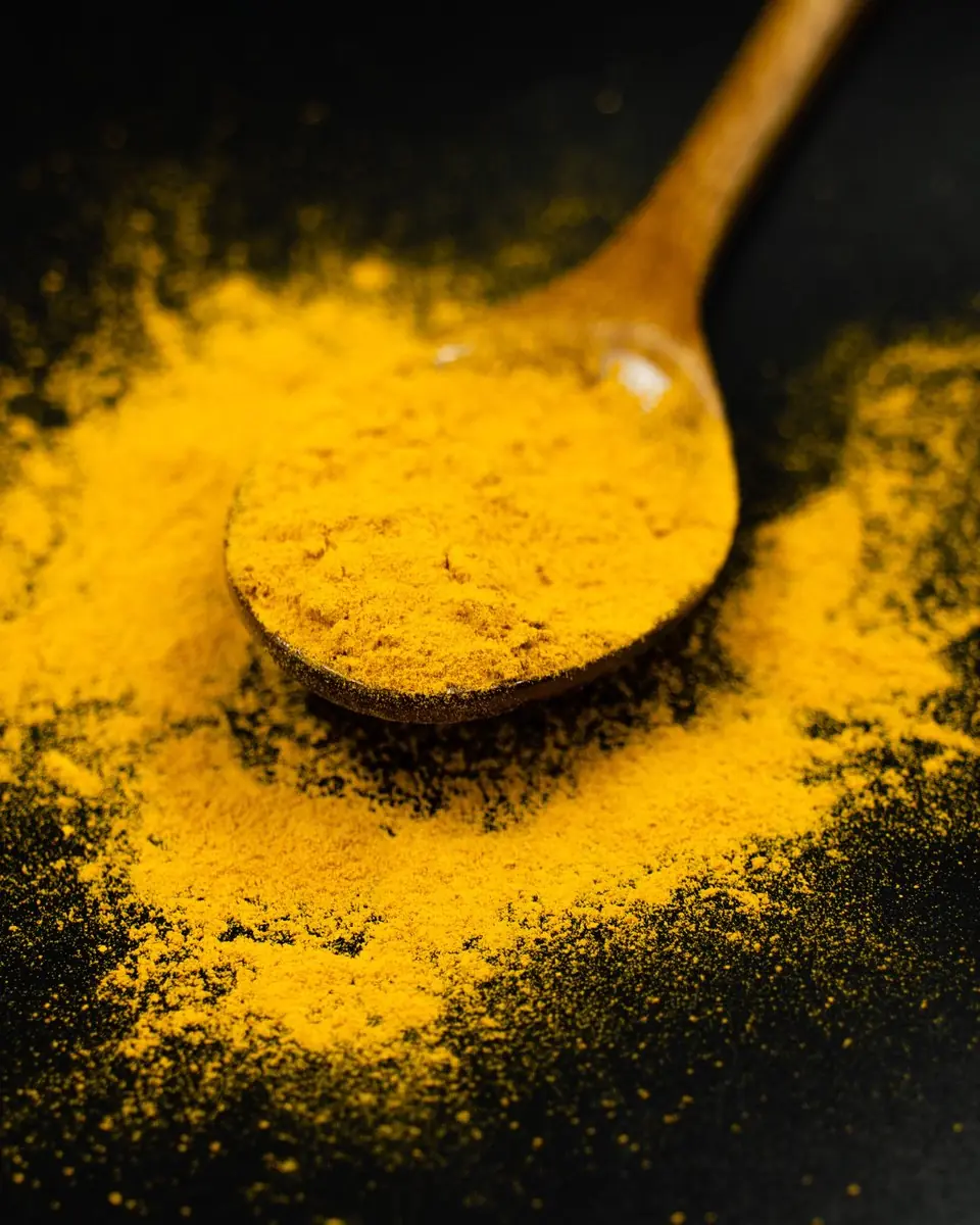 A wooden spoon heaped with ground turmeric